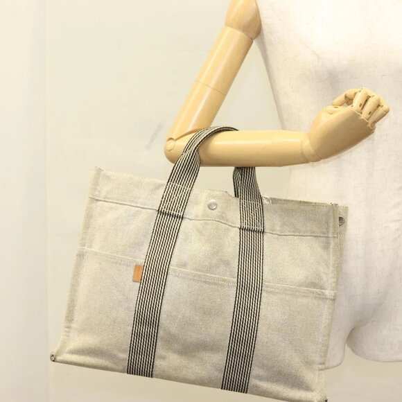 HERMES Fourre Tout MM Hand Bag Canvas Gray Silver Auth - Picture 1 of 16
